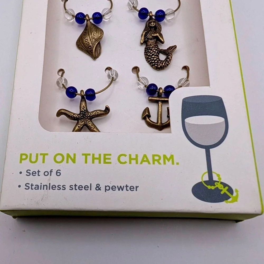 True Marina Pewter Wine Charms Set of 6 Nautical Coastal Bronze Finish NIB